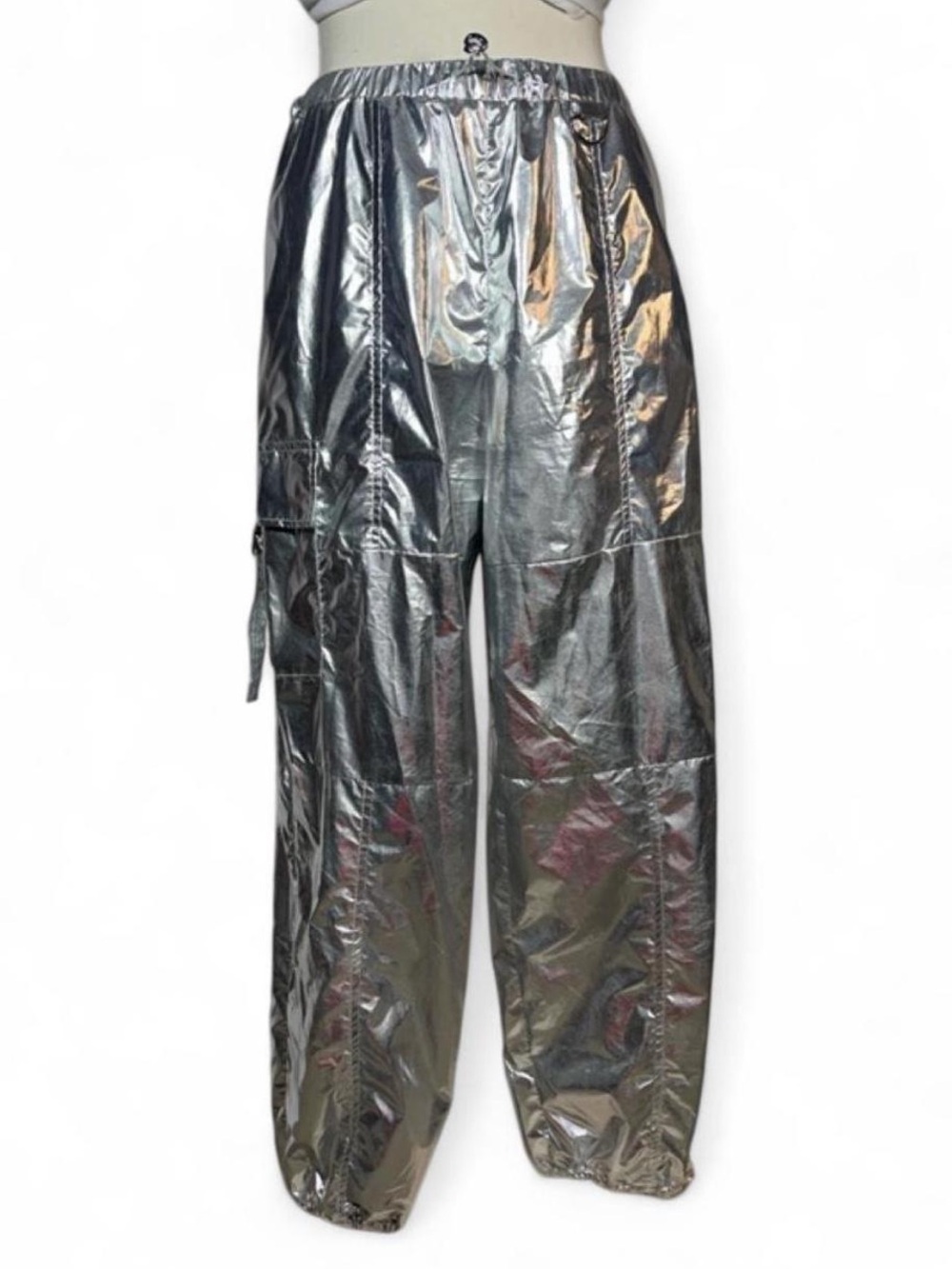 Jolie & Joy Metallic Silver Cargo Parachute Pants Y2K Festival Cyber Medium